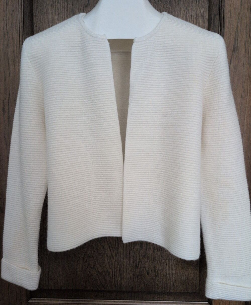 Elle Ivory Open Front Cardigan Soft Ribbed Knit Sweater L Cropped Long Sleeve
